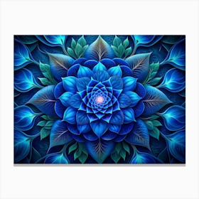 Blue Flower With Spiraling Petals And Green Leaves Canvas Print