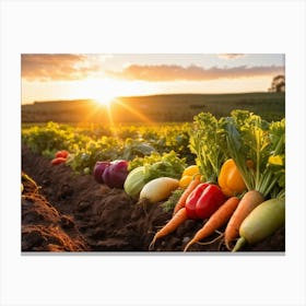 A Variety Of Fresh Vibrant Vegetables Sprouting From Rustic Soil Bathed In The Golden Hour Sunligh (1) Canvas Print