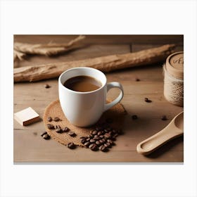 A White Mug Filled With Coffee Sits On A Wooden Table Surrounded By Coffee Beans And Other Rustic Objects Canvas Print