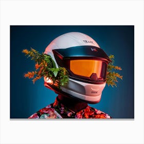 Futuristic Helmet Aglow With A Vibrant Plant Adorns A Portrait Subject Bright Orange Vs Dark Back Canvas Print