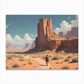 A Man Walks Through A Desert Landscape, With Towering Red Rock Formations, A Blue Sky With Puffy White Clouds, And A Narrow Path Canvas Print