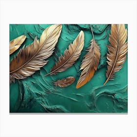 Vibrant 3d Abstract Art with Emerald Background Radiant Bronze Feathers and Breathtaking Landscape Canvas Print