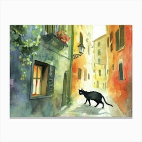 Black Cat In Milano, Italy, Street Art Watercolour Painting 2 Canvas Print