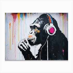 Colorful Street Art Mural Of A Contemplative Chimpanzee, Chimpanzee Listening To Music Canvas Print