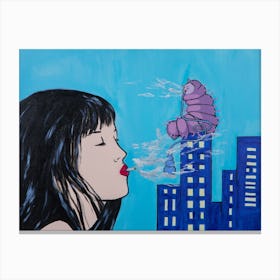 Pop art girl smoking cigarette art print blue Canvas Print