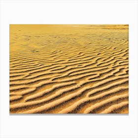 Sand Dune Texture. The image showcases a close-up view of a sandy surface, featuring a mesmerizing pattern of undulating waves and ridges. The sand is a warm, golden yellow, with darker lines and shadows accentuating the intricate texture. The light catches the peaks of the dunes, creating a subtle shimmer. The overall mood is serene and tranquil, evoking a sense of vastness and natural beauty. Canvas Print