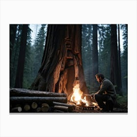 An Ancient Gnarly Tree Standing Tall In A Silent Forest Intricate Bark Patterns Showcasing Its Age Canvas Print