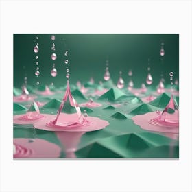 3d Render Of Pink Water Drops Splashing On A Geometric, Green And Pink Landscape, Creating A Surreal And Refreshing Scene Canvas Print