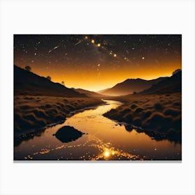 A Meandering River Flows Through A Grassy Valley Towards Distant Mountains Under A Brilliant Night Sky Filled With Shooting Stars Canvas Print