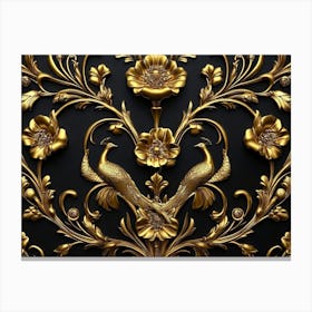 Elegant Leather Base Golden Floral Seamless Damask Flowers with Golden Peacocks on Black Canvas Print