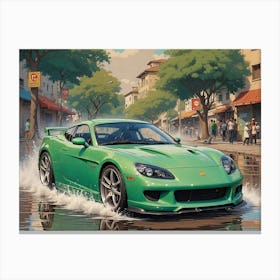 Green Sports Car Driving Down The Street Canvas Print