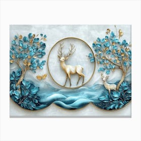 3d Gold Turquoise Leaves and Deer Landscape Toile