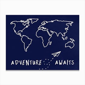 Adventure Awaits Vintage World Travel Map Blue Canvas Print