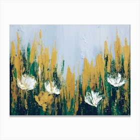 White Flowers Abstract Painting Golden Brushstrokes Canvas Print