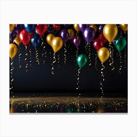 A Celebration Scene With A Cluster Of Colorful Balloons (Red, Blue, Purple, Gold, Green) And Golden Confetti Floating Against A Black Background Canvas Print