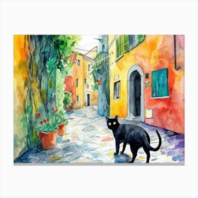 Black Cat In Reggio Calabria, Italy, Street Art Watercolour Painting 4 Canvas Print