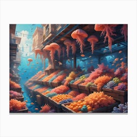 Underwater Marketplace With Hanging Jellyfish And Crates Of Fruit And Coral Canvas Print