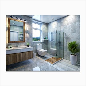 Modern Bathroom With Tile And Glass Shower Canvas Print