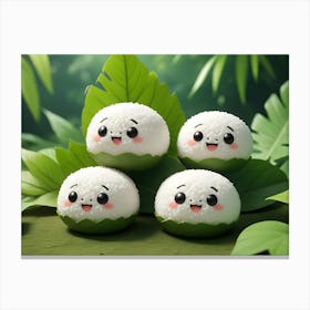 Stack Of Four Smiling Rice Balls On Green Leaves 1 Canvas Print