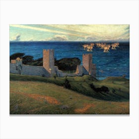 Scene from Visby 1894 by Richard Bergh ~ Vision. Motiv från Visby ~ Swedish Antique Art of Viking Boats and Castle Canvas Print