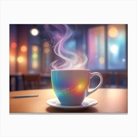 A Steaming Cup Of Coffee In A Blue And Colorful Cup Sits On A Wooden Table Canvas Print