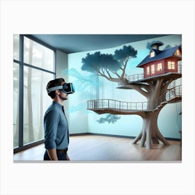 A Man Wearing A Vr Headset Experiences A Virtual Reality Treehouse In A Room With A Large Window Overlooking A Forest Canvas Print