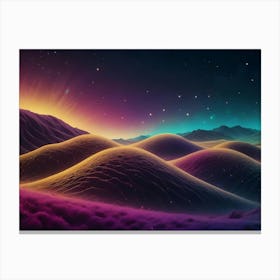 Rolling Hills Bathed In Vibrant Neon Hues, Under A Starry Night Sky, Creating A Mesmerizing And Otherworldly Landscape Canvas Print