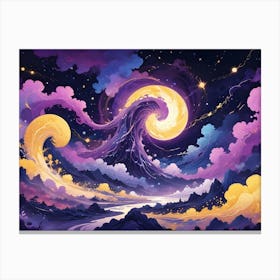 Whimsical Illustration Of Swirling Golden Waves And A Full Moon In A Starry Sky Above A Serene Landscape Canvas Print