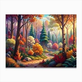 Autumn Forest With Path And Colorful Trees Canvas Print