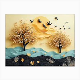 Golden Trees with Flowers and Turquoise, Black Golden and Green Mountains in Light Yellow Canvas Print