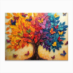 Colorful Tree with Vivid Leaves and Butterflies Painted in Beautiful 3d Abstract Style Perfect Artworks, Canvas Print