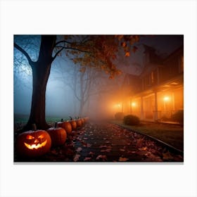 Fog Holiday Greeting Scarey Evil Dark Ominous Leaf Stripes Haunting Wood Carving Flames (30) Canvas Print