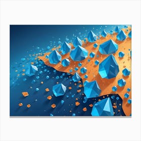 Abstract Image Of Blue, Geometric Shapes Resembling Crystals Or Diamonds, Scattered On A Orange And Blue Background Canvas Print