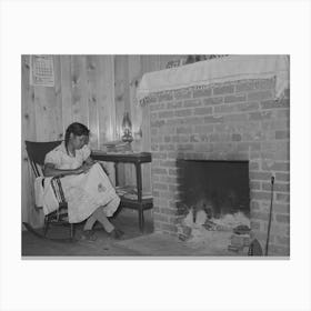 Wife Of Fsa (Farm Security Administration) Client Sewing In Front Of Fireplace In Her Home On Sabine Farms Canvas Print
