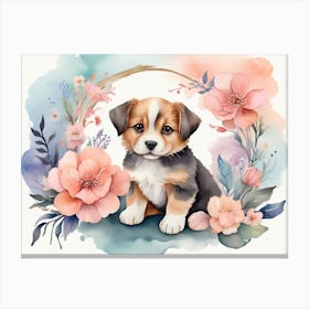 Puppy With Flowers Watercolor Canvas Print