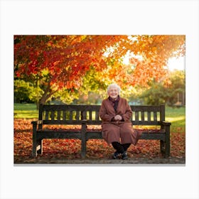 Elderly Woman Radiating Joy Seated On A Rustic Wooden Bench In A Lush Park Surrounded By A Kaleido Canvas Print