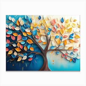 Colorful Tree With Leaves On Hanging Branches Of Blue, White And Golden 7 Canvas Print