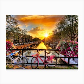 Sunset In Amsterdam Landscape Bicycles Nature Trees Afternoon River Canvas Print