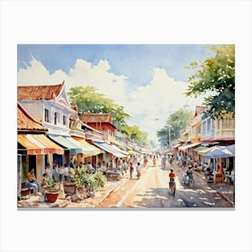 A Young Adventurer Meanders Through The Bustling Streets Of A Summer Town In Thailand Pastel Colore (2) Canvas Print