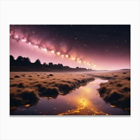 A Serene Landscape At Twilight, With A Meandering River Reflecting The Starry Sky And The Milky Way Galaxy Canvas Print