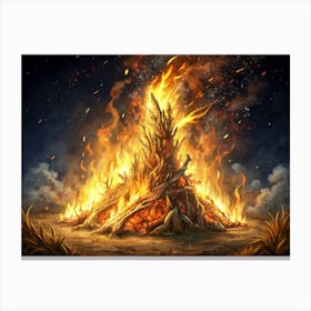 Fiery Bonfire With Smoke And Stars Canvas Print