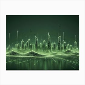 Abstract Image Of A Glowing Green City Skyline, Composed Of Lines And Dots, Resembling A Network Or A Digital City Canvas Print