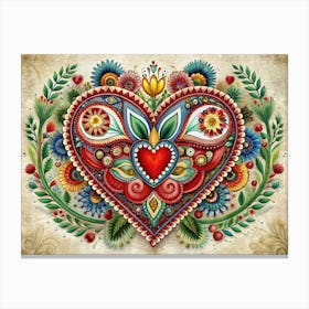 Ornate Heart With Folk Art Floral Motifs Canvas Print