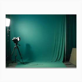 A Professional Photography Studio Set Up With A Green Screen, Lights, And A Camera On A Tripod Canvas Print