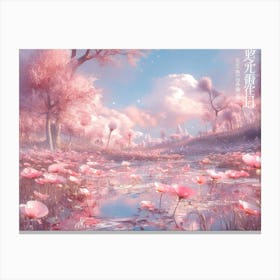 Sea Of Peach Blossoms, Lush Pink Flowers，With A Pink Lake,, In The Style Of Daz3d, Psychedelic Landscapes, Light Pink, 32k Uhd, Wimmelbilder, Fictional Landscapes, Fairytale Inspired Stampe su tela