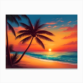 A Tranquil Beach At Sunset Horizontal Illustration 16 Canvas Print