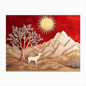 Leaves on Tree, Golden Lines, Antique White Deer and Tree. Golden Sun and Red Mountain Canvas Print