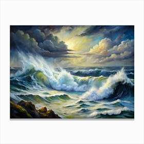 Ocean Waves Crashing On Rocks In A Dramatic Painting Canvas Print