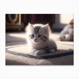 A Fluffy Kitten Playing On A Soft Carpet Canvas Print