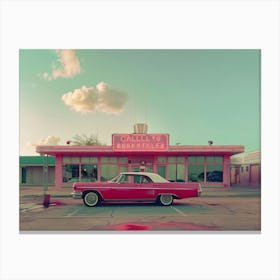 Exterior Of An American Diner By Wes Anderson In Wes Anderson Colours With A Cadillac Parked In Front Canvas Print